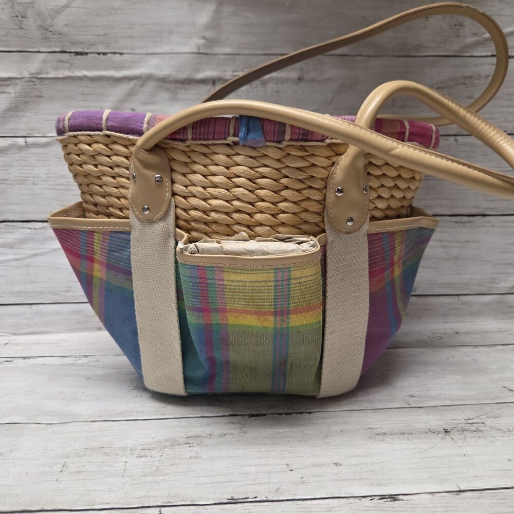 Lauren Ralph Lauren Woven Straw Basket Tote Bag PlaidMulticolor Canvas Beach Bag - Picture 3 of 12